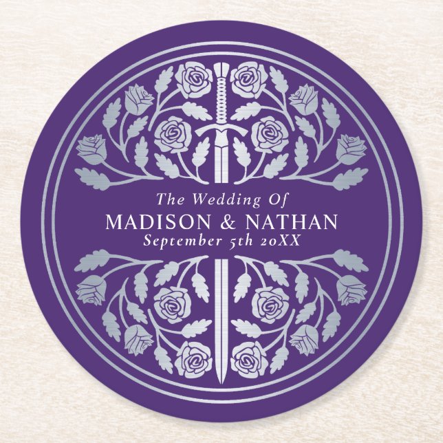 Porta-copo De Papel Redondo Silver Purple Royal Medieval Sword Wedding (Frente)