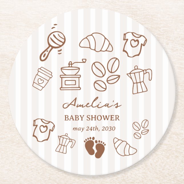 Porta-copo De Papel Redondo Simple Baby Is Brewing Doodle Coffee Baby Shower (Frente)