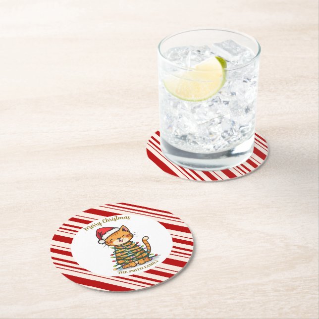 Porta-copo De Papel Redondo Simple modern merry christmas kitten CatMAS patter (Insitu)