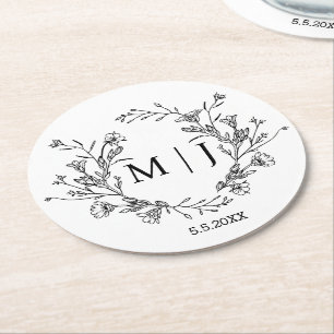 Porta-copo De Papel Redondo simples casamento de monograma botânico elegante