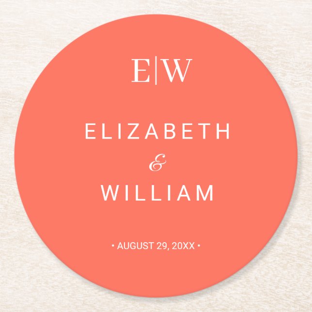 Porta-copo De Papel Redondo Simples Neon Flare Elegante com Casamento Monogram (Frente)