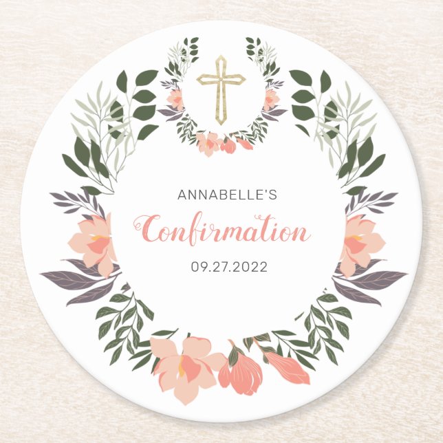 Porta-copo De Papel Redondo Simples Parte de Confirmação Floral  (Frente)