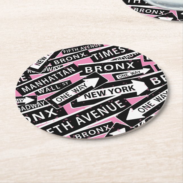 Porta-copo De Papel Redondo Sinal de Rua Nova Iorque a rosa (Angulado)