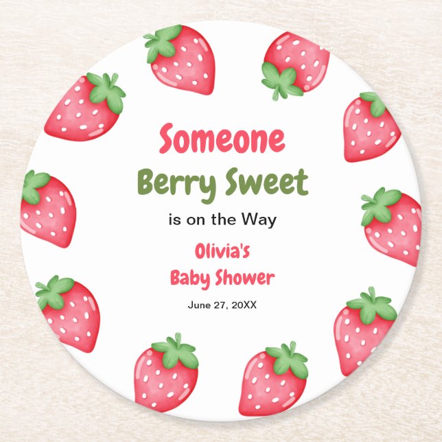 Porta-copo De Papel Redondo Someone Berry Sweet Strawberry Baby Shower  (Frente)