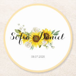 Porta-copo De Papel Redondo Sunflower watercolor white rose wedding