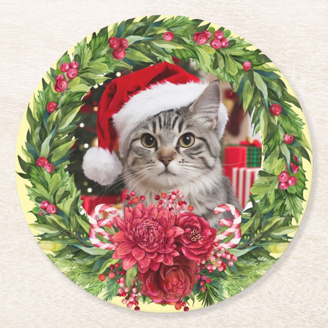 Porta-copo De Papel Redondo Tabby Christmas Wreath Coaster (Frente)