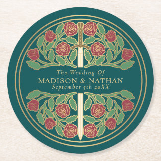 Porta-copo De Papel Redondo Teal Royal Medieval Gold Sword Wedding