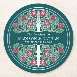 Porta-copo De Papel Redondo Teal Royal Medieval Silver Sword Wedding