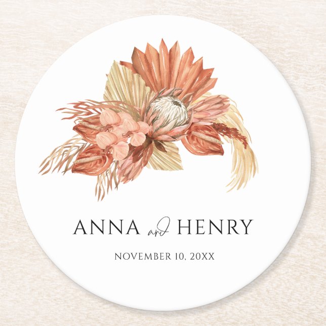 Porta-copo De Papel Redondo Terracotta Boho Seco Pampas Florais Grass Casament (Frente)