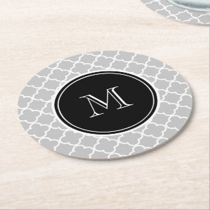 Porta-copo De Papel Redondo Teste padrão cinzento de Quatrefoil, monograma