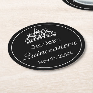 Porta-copo De Papel Redondo Tiara Moderna Quinceanera Negra Minimalista