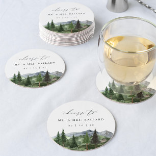 Porta-copo De Papel Redondo Timberline   Casamento Floresta Montanhosa Aquarel