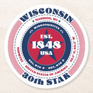 Porta-copo De Papel Redondo Tipografia de Wisconsin Red White Blue