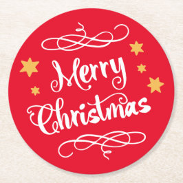 Porta-copo De Papel Redondo Tipografia Feliz de Natal - Branco Vermelho