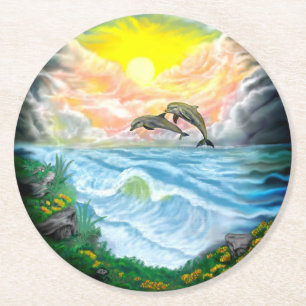 Porta-copo De Papel Redondo Tocando golfinhos ao sol