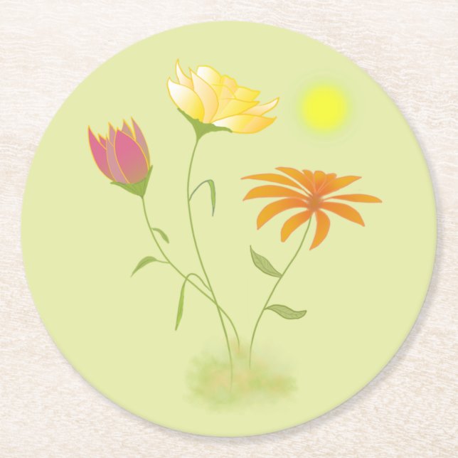 Porta-copo De Papel Redondo Três Flores no Sol - transparentes. (Frente)