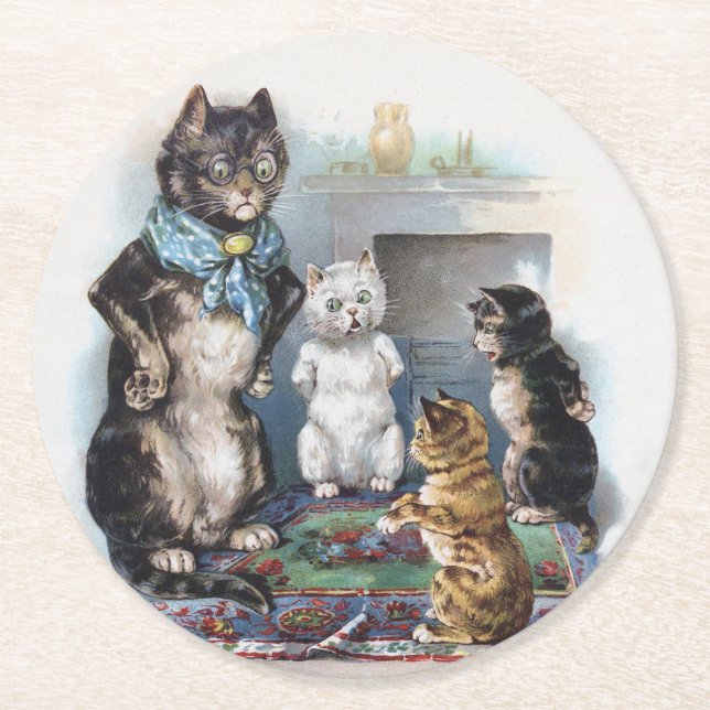 Porta-copo De Papel Redondo Três Pequenos Gatinhos e Mãe, Louis Wain (Frente)