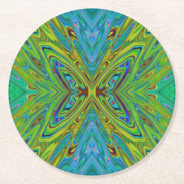 Porta-copo De Papel Redondo Trippy Chartreuse e Blue Abstrato Butterfly (Frente)