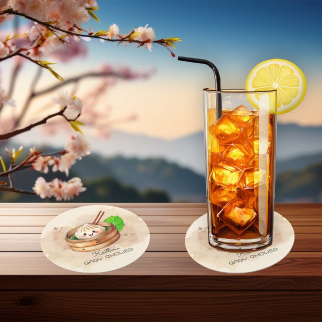 Porta-copo De Papel Redondo Um Chá de fraldas De Tema Kwai Doce ("A Sweet Little Dumpling Is On The Way!" Kwai Steamed Dumpling Baby Shower Coasters)