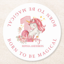 Porta-copo De Papel Redondo Unicorn 1st Birthday Pink Little Girl 