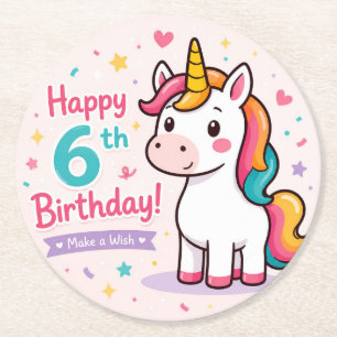 Porta-copo De Papel Redondo Unicórnio Caprichoso Aniversário de 6 anos Magia