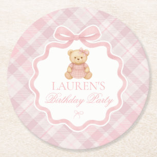 Porta-copo De Papel Redondo Urso de Laço Coquete Rosa Plaid Aniversário 