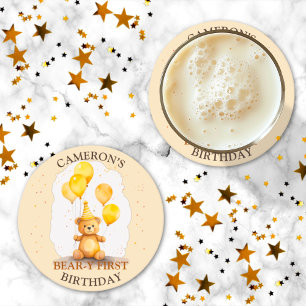 Porta-copo De Papel Redondo Urso Primeiro Aniversário Sexo Neutro Urso Amarelo
