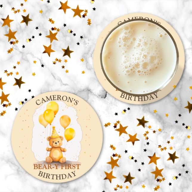 Porta-copo De Papel Redondo Urso Primeiro Aniversário Sexo Neutro Urso Amarelo (Criador carregado)