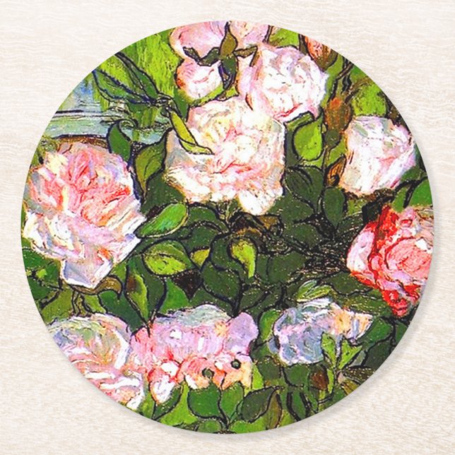 Porta-copo De Papel Redondo Van Gogh ainda vive com rosas rosa (Frente)