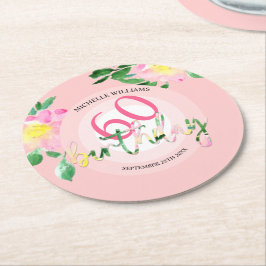Porta-copo De Papel Redondo Verão Tropical Rosa Floral Aquarela