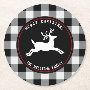 Porta-copo De Papel Redondo Verificação branca do búfalo do preto da rena d