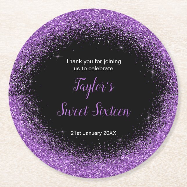 Porta-copo De Papel Redondo Vestido Roxo Escuro Faux Glitter Doce 16 Aniversár (Frente)