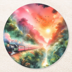 Porta-copo De Papel Redondo Viagem de Trem Pôr-do-Sol Tropical em Aquarela