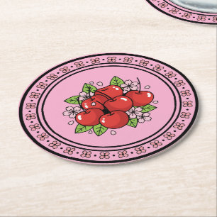 Porta-copo De Papel Redondo Vibrações Vermelhas de Cereja Kawaii Estética Fofa