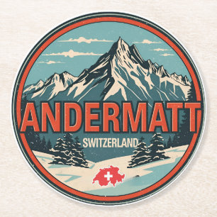 Porta-copo De Papel Redondo Vintage ANDERMATT esqui Suíça Alpes Suíços present