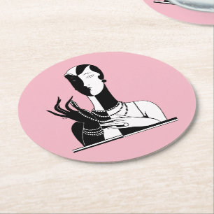 Porta-copo De Papel Redondo Vintage Art Deco Lady With Pearls Blam White