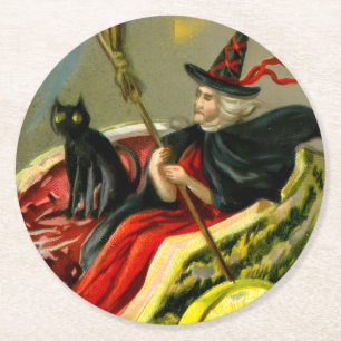 Porta-copo De Papel Redondo Vintage Halloween Black Cat and Witness