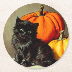 Porta-copo De Papel Redondo Vintage Halloween Black Cat e Pumpkins