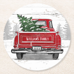 Porta-copo De Papel Redondo Vintage Red Truck Nome da Família da Árvore de N