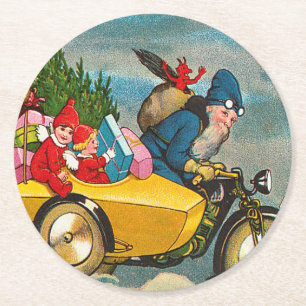 Porta-copo De Papel Redondo Vintage Santa Claus no Natal da Motocicleta