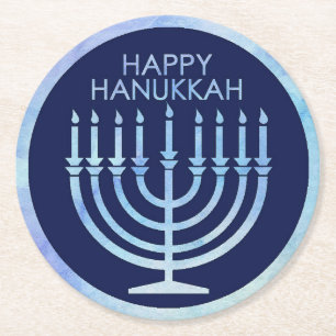 Porta-copo De Papel Redondo Watercolor menorah Hanukkah