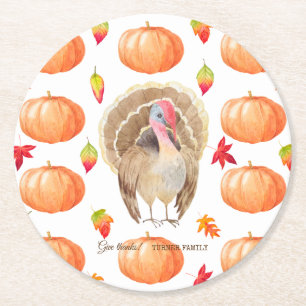 Porta-copo De Papel Redondo Watercolor Pumpkin Turquia Padrão Ação de Graças