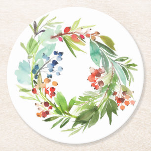 Porta-copo De Papel Redondo Watercolor Winterberry Holly e Juniper Christmas