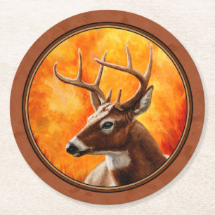 Porta-copo De Papel Redondo Whitetail Deer no outono, Vermelho Brown