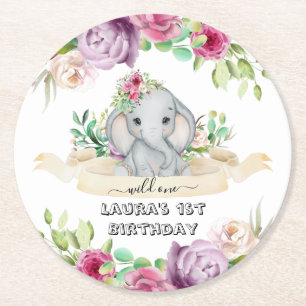 Porta-copo De Papel Redondo Wild One - Baby Elephant and Flowers primeiro aniv