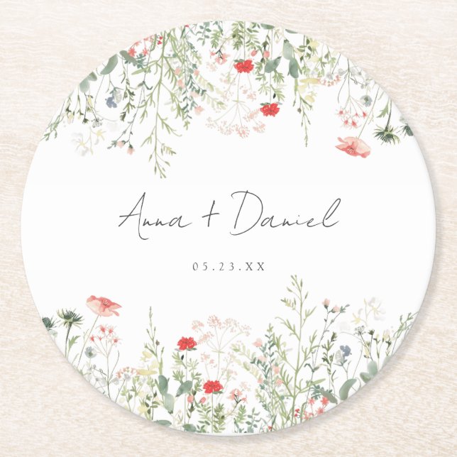 Porta-copo De Papel Redondo Wildflower Meadow Wedding (Frente)