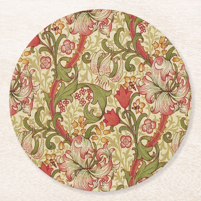 Porta-copo De Papel Redondo William Morris Ouro Lily Floral Patterno (Frente)