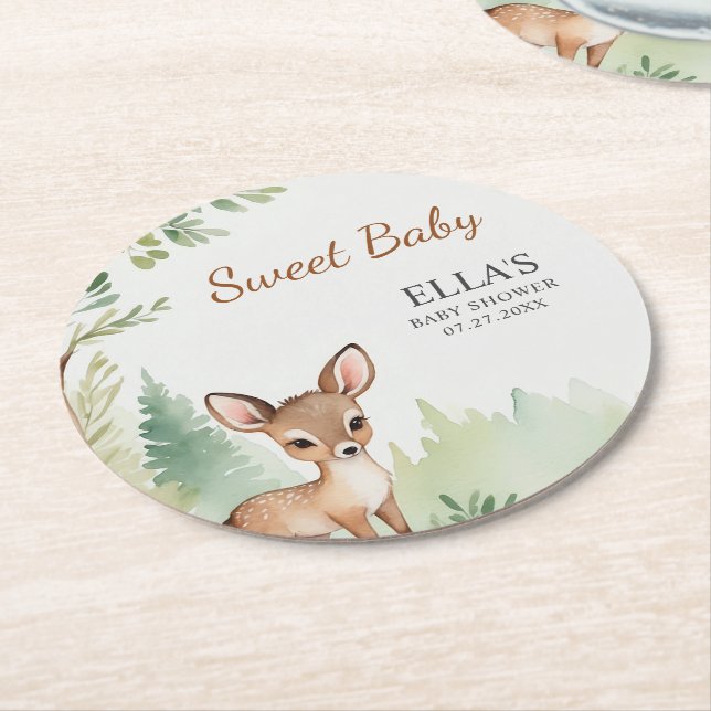 Porta-copo De Papel Redondo Woodland Deer Forest Neutral Baby Shower Party (Angulado)