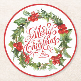 Porta-copo De Papel Redondo Wreath Verde de Natal Holly Ivy Typografia