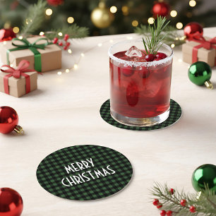 Porta-copo De Papel Redondo Xadrez de Búfalos Negra e Verde Russo Feliz Natal